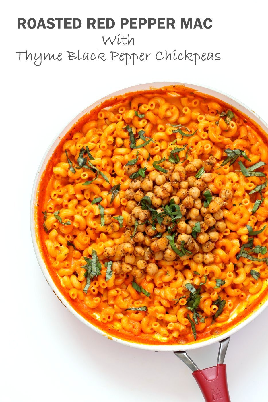 Creamy Roasted Red Pepper Pasta with Black Pepper Chickpeas. Elbows pasta in roasted red pepper sauce with crisp black pepper thyme chickpeas. Vegan Soy-free Recipe. Can be gluten-free with gluten-free pasta. | VeganRicha.com
