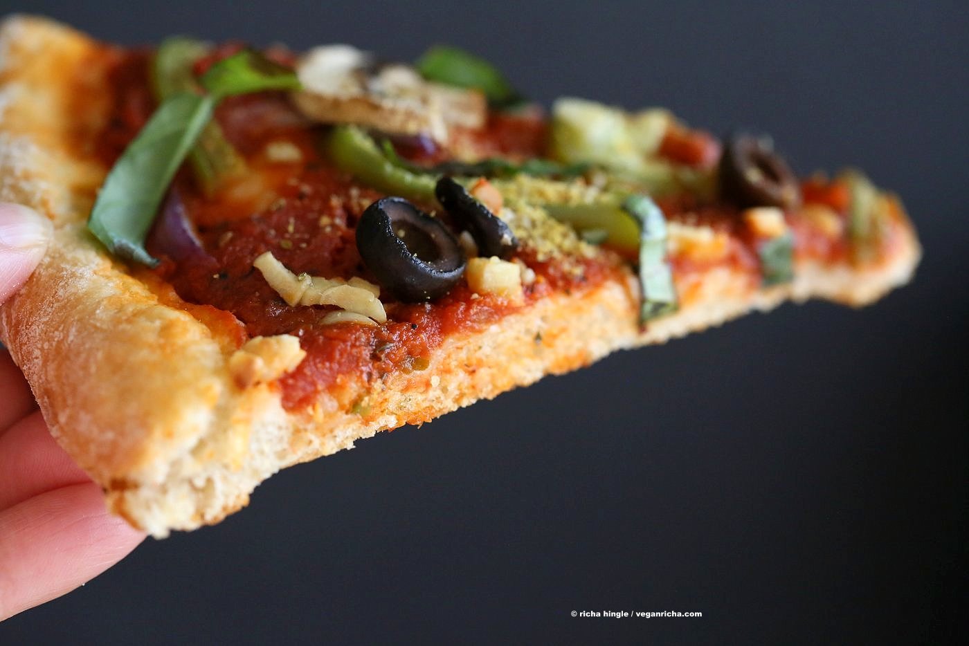 Easy Veggie Vegan Pizza with 20 minute Almost No Knead Crust! Pizza Sauce, Veggies, Mushrooms, Kalamata Olives baked to perfection. Dressed with Vegan Parmesan and fresh basil. Vegan Soy-free Recipe. Can be Nut-free | VeganRicha.com