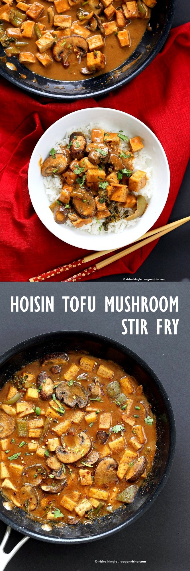 Hoisin Tofu Mushroom Stir Fry with homemade Hoisin Sauce. Easy 30 minute Weeknight Meal with crisped Tofu, golden Crimini Mushrooms, broccoli, peppers in from scratch Hoisin sauce. Serve over cooked grains. Vegan Gluten-free Recipe. | VeganRicha.com