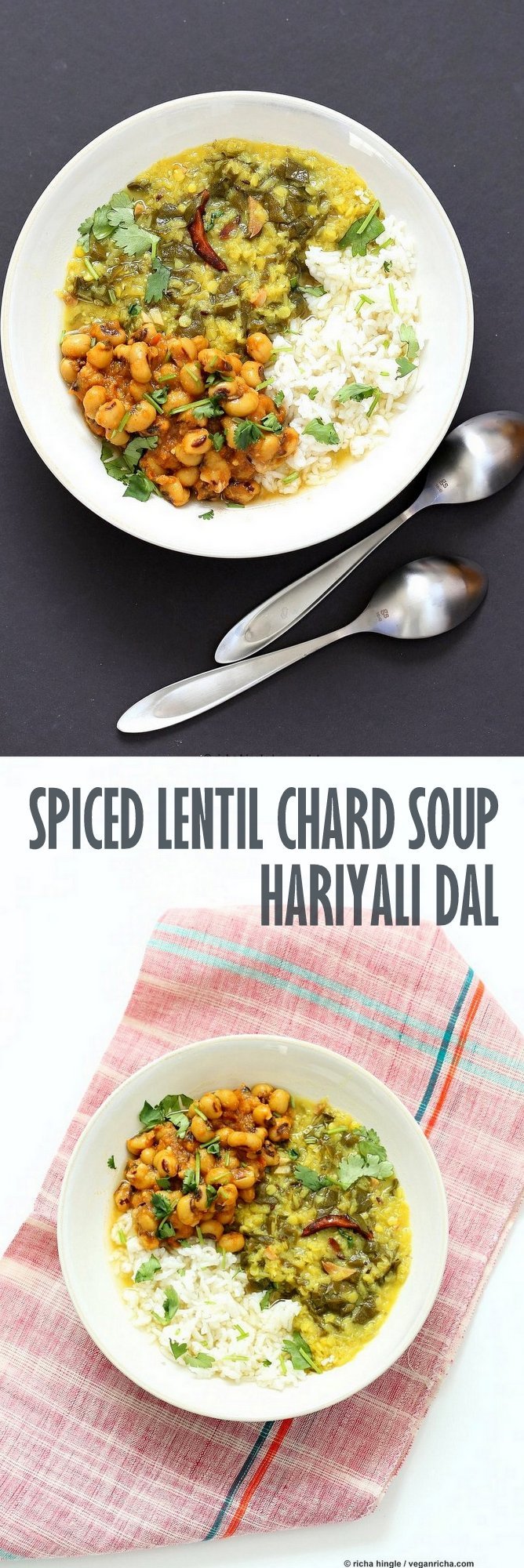 Spiced Lentil Chard Soup - Hariyali Dal. Creamy Red Lentils Cooked with Chard or other greens, tempered with whole spices. Easy weeknight Dahl. Vegan Gluten-free Soy-free Recipe | VeganRicha.com