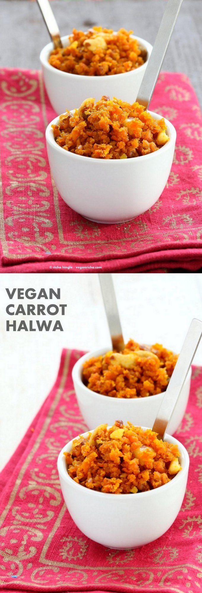 Vegan Carrot Halwa Recipe. Gajar Ka Halwa is a a dessert made with shredded carrots that are roasted with non dairy milk and cardamom to make a sweet melt in your mouth dessert. Gajar Halwa tastes like a moist cardamom Carrot Cake crumble. Vegan Gluten-free Soy-free Recipe | VeganRicha.com