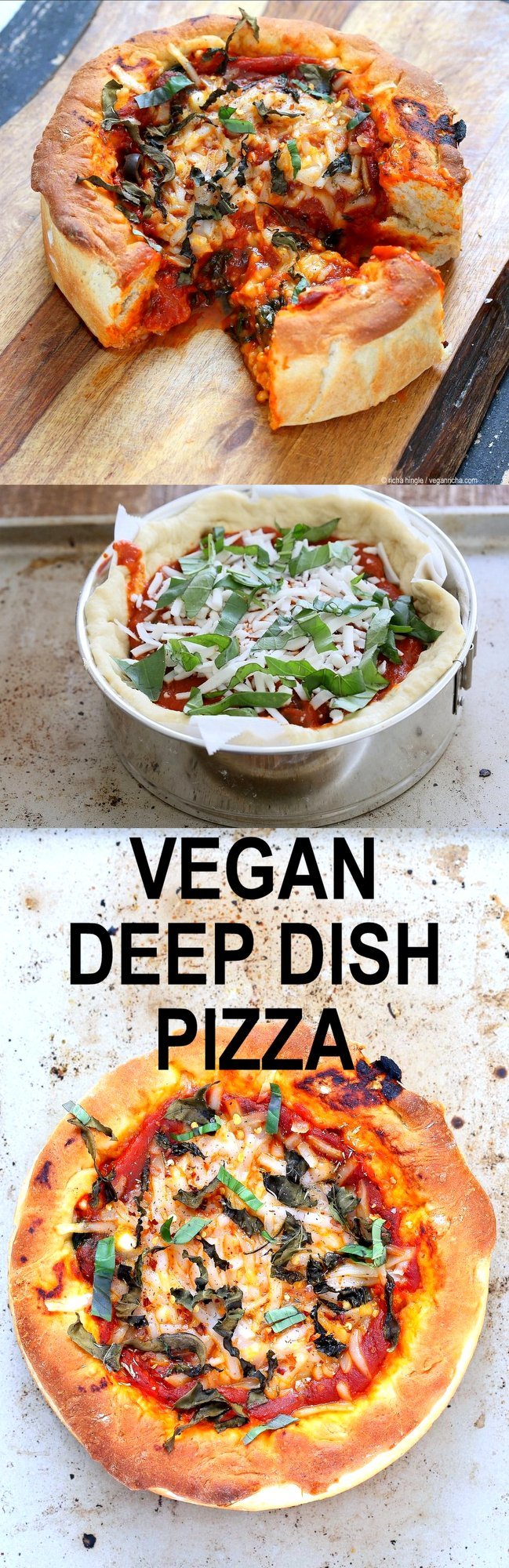 Vegan Deep Dish Pizza Recipe. Easy Deep Dish Pizza with from scratch crust, red pepper, spinach, vegan mozzarella and basil. Vegan Pizza Recipe with homemade 20 Minute Deep Dish Pizza Crust, almost no knead | VeganRicha.com