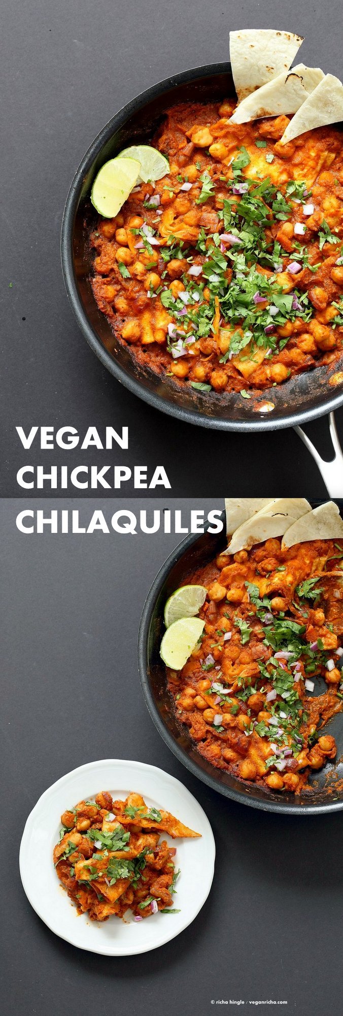 Vegan Chilaquiles with spiced Chickpeas. Spiced Chickpeas and crisped tortilla with easy red sauce. Easy Chilaquiles Recipe. Nut-free, soy-free. can be gluten-free.| VeganRicha.com