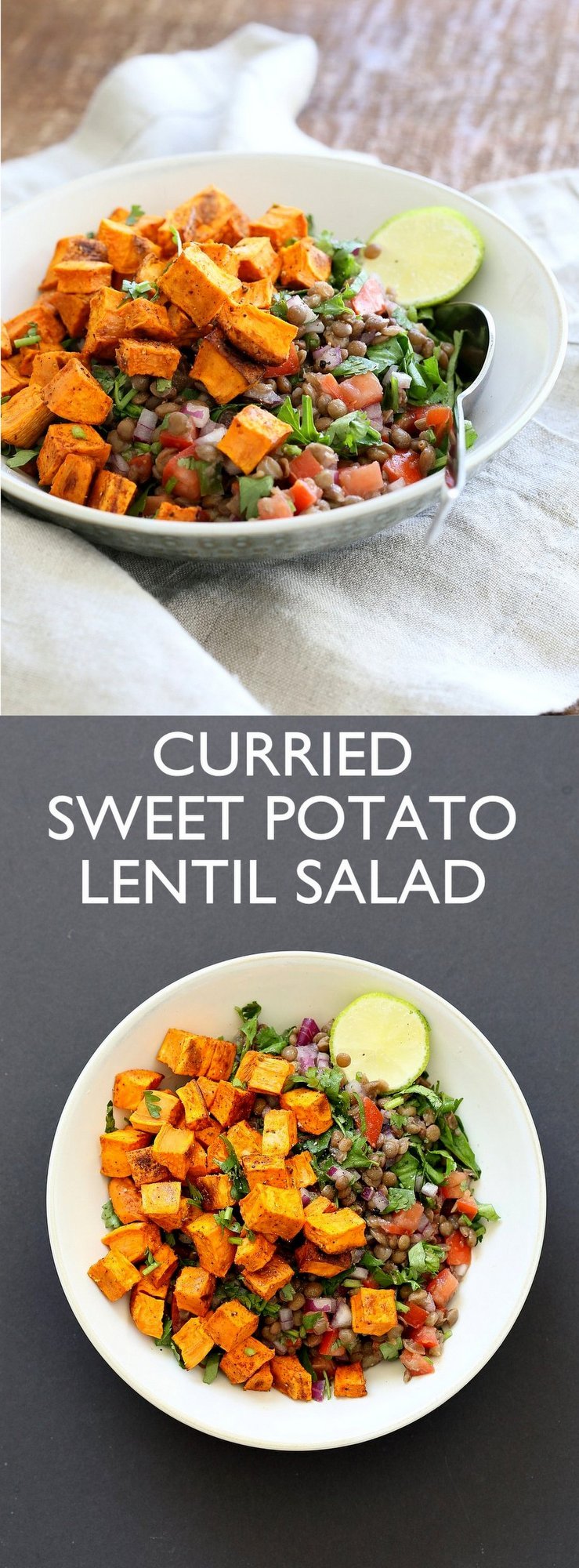 Curried Sweet Potato Lentil Salad. Simple Indian spices, roasted sweet potato, earthy lentils, lime juice and a refreshing lunch bowl. Vegan Gluten-free Soy-free Nut-free Recipe. Can be made oil-free. | VeganRicha.com