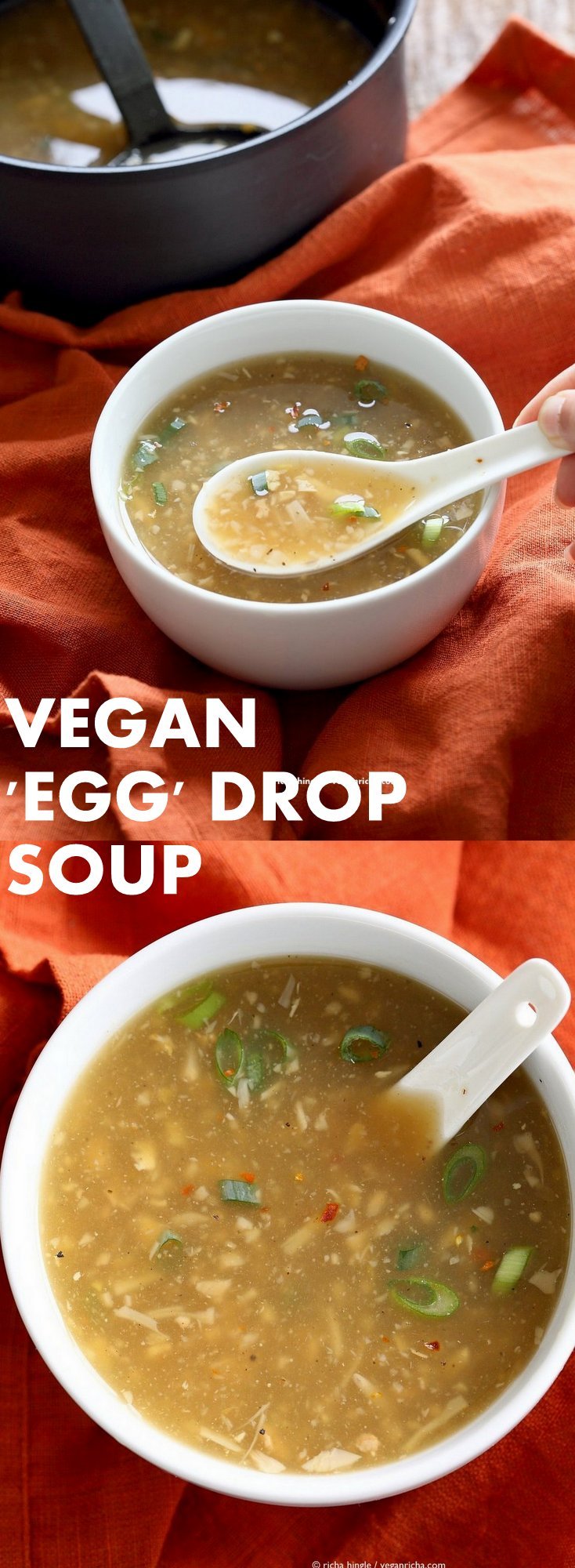 Vegan Egg Drop Soup. Egg-less Egg drop soup with Jackfruit and Tofu. Soothing Chinese "egg" drop soup. Vegan Gluten-free Asian Recipe. | VeganRicha.com