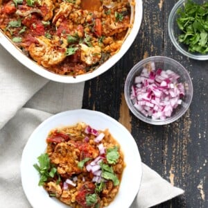 BBQ Lentil Farro Cauliflower Casserole. BBQ Casserole with Red Lentils, Farro, Veggies, Spinach, Cauliflower all layered and baked. Amazing Flavors! #Vegan #Glutenfree #Nutfree #Recipe. Can be soyfree #veganricha | VeganRicha.com