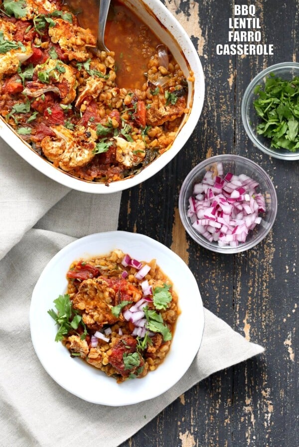 BBQ Lentil Farro Cauliflower Casserole. BBQ Casserole with Red Lentils, Farro, Veggies, Spinach, Cauliflower all layered and baked. Amazing Flavors! #Vegan #Glutenfree #Nutfree #Recipe. Can be soyfree #veganricha | VeganRicha.com