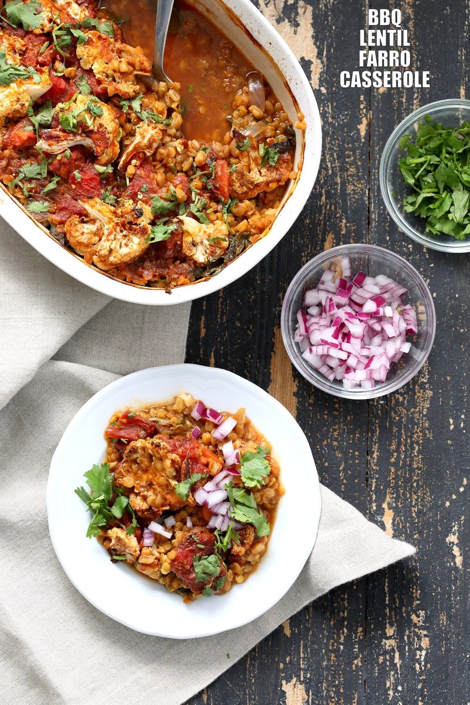 BBQ Lentil Farro Cauliflower Casserole. BBQ Casserole with Red Lentils, Farro, Veggies, Spinach, Cauliflower all layered and baked. Amazing Flavors! #Vegan #Nutfree #Recipe. Can be soyfree #Glutenfree #veganricha | VeganRicha.com
