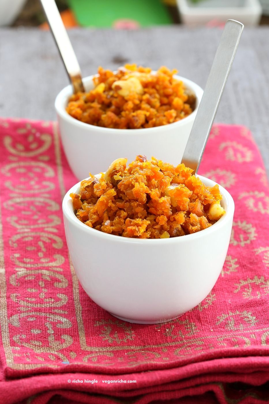 Vegan Carrot Halwa Recipe. Gajar Ka Halwa is a a dessert made with shredded carrots that are roasted with non dairy milk and cardamom to make a sweet melt in your mouth dessert. Vegan Gluten-free Soy-free Recipe | VeganRicha.com