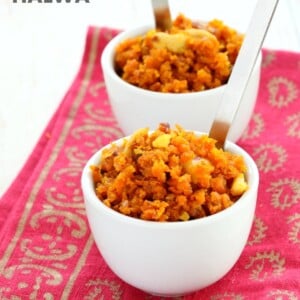 Vegan Carrot Halwa Recipe. Gajar Ka Halwa is a a dessert made with shredded carrots that are roasted with non dairy milk and cardamom to make a sweet melt in your mouth dessert. Vegan Gluten-free Soy-free Recipe | VeganRicha.com #glutenfree #veganricha #vegan