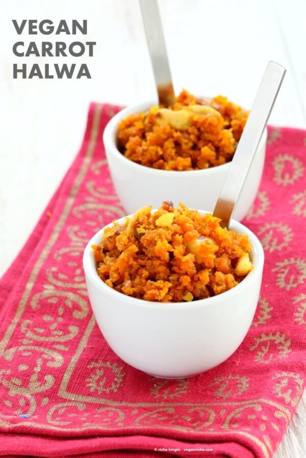Vegan Carrot Halwa Recipe. Gajar Ka Halwa is a a dessert made with shredded carrots that are roasted with non dairy milk and cardamom to make a sweet melt in your mouth dessert. Vegan Gluten-free Soy-free Recipe | VeganRicha.com #glutenfree #veganricha #vegan
