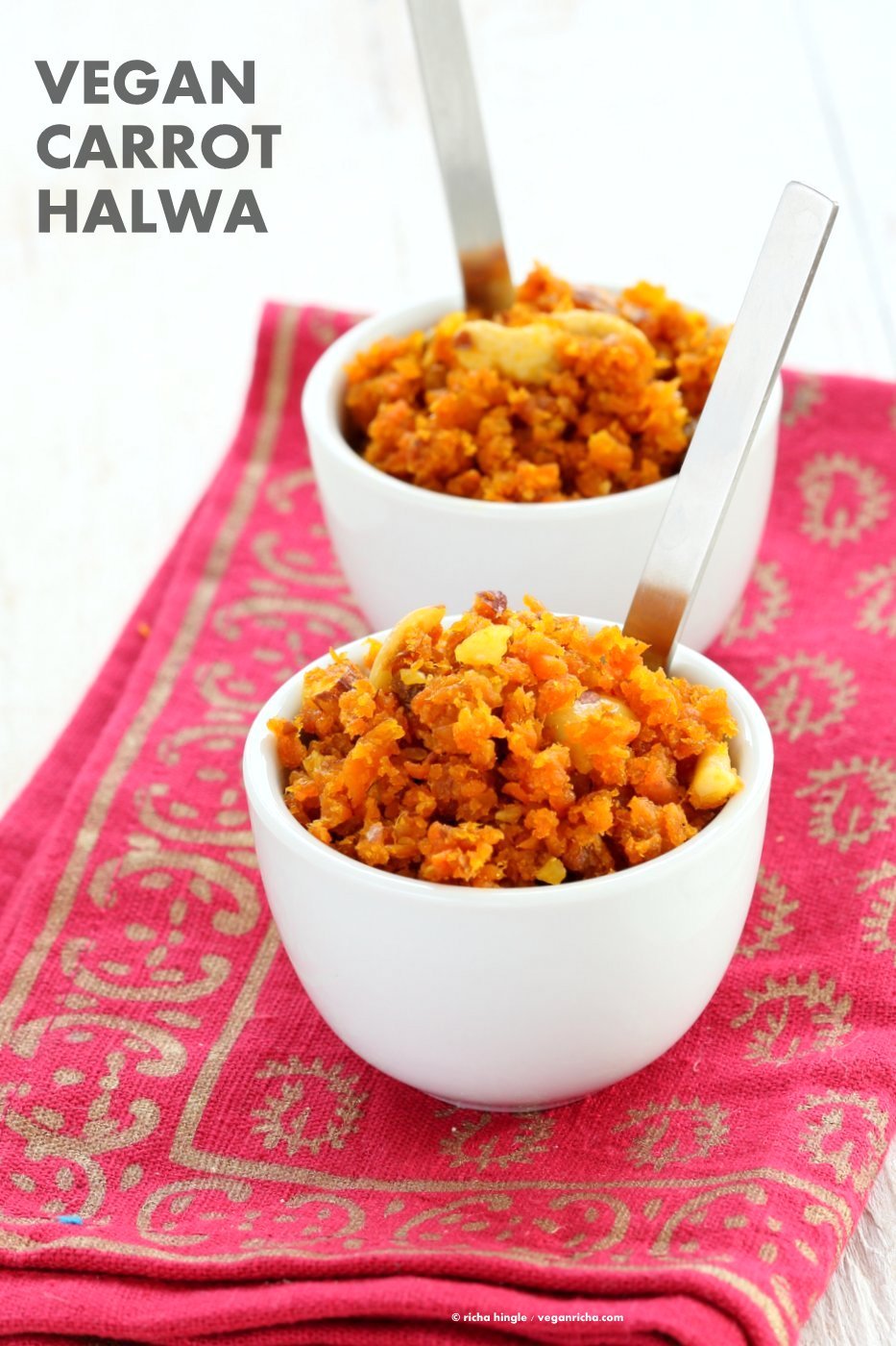 Vegan Carrot Halwa Recipe. Gajar Ka Halwa is a a dessert made with shredded carrots that are roasted with non dairy milk and cardamom to make a sweet melt in your mouth dessert. Vegan Gluten-free Soy-free Recipe | VeganRicha.com