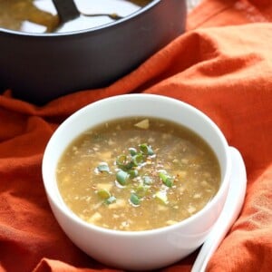 Vegan Egg Drop Soup. Egg-less Egg drop soup with Jackfruit and Tofu. Soothing Chinese "egg" drop soup. Vegan Gluten-free Recipe. | VeganRicha.com #vegan #glutenfree #veganricha