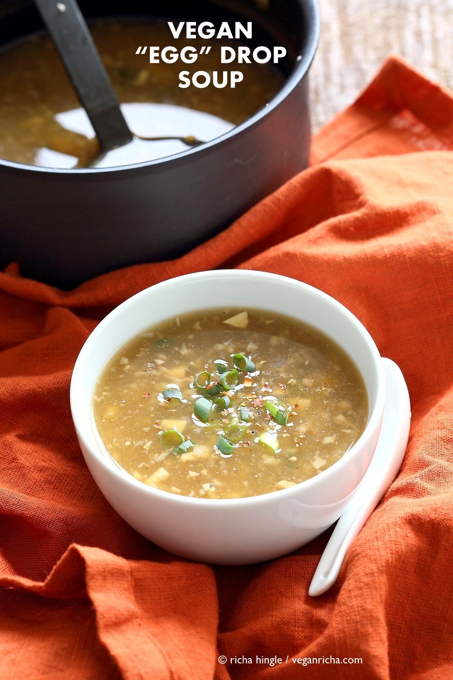 Vegan Egg Drop Soup. Egg-less Egg drop soup with Jackfruit and Tofu. Soothing Chinese "egg" drop soup. Vegan Gluten-free Recipe. | VeganRicha.com