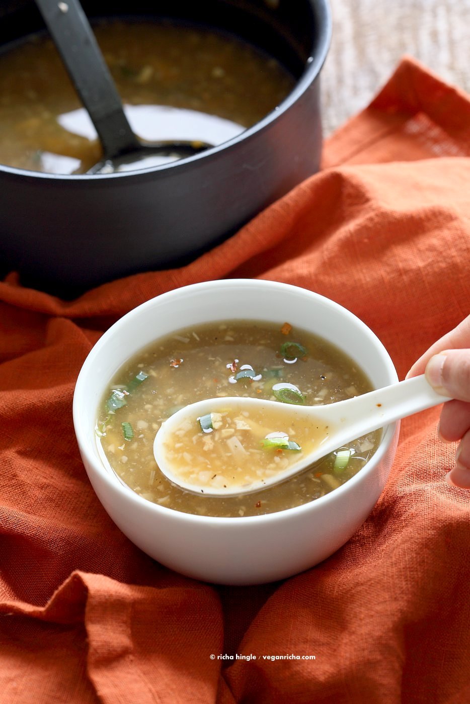 Vegan Egg Drop Soup. Egg-less Egg drop soup with Jackfruit and Tofu. Soothing Chinese "egg" drop soup. Vegan Gluten-free Recipe. | VeganRicha.com