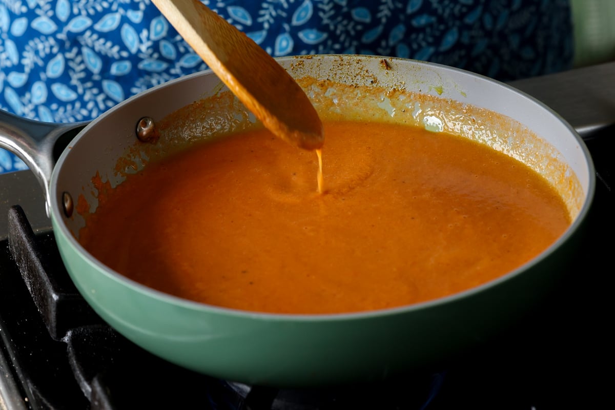 spiced tomato soup in the pan after cooking