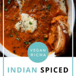 bowl of spiced tomato soup with garnishes, text overlay