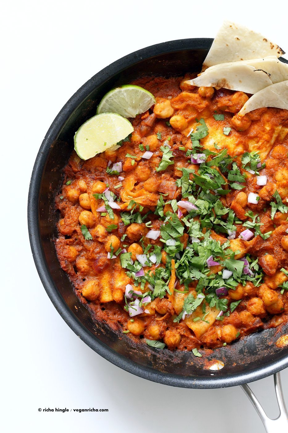 Vegan Chilaquiles with spiced Chickpeas. Spiced Chickpeas and crisped tortilla with easy red sauce. Easy Chilaquiles Recipe. Nut-free, soy-free. can be gluten-free.| VeganRicha.com