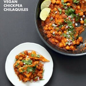 Vegan Chilaquiles with spiced Chickpeas. Spiced Chickpeas and crisped tortilla with easy red sauce. Easy Chilaquiles Recipe. Nut-free, soy-free. can be gluten-free.| VeganRicha.com