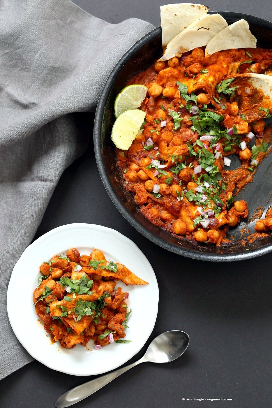 Vegan Chilaquiles with spiced Chickpeas. Spiced Chickpeas and crisped tortilla with easy red sauce. Easy Chilaquiles Recipe. Nut-free, soy-free. can be gluten-free.| VeganRicha.com