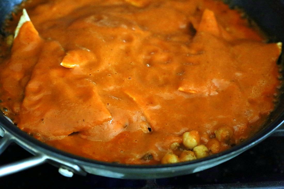 Vegan Chilaquiles with spiced Chickpeas. Spiced Chickpeas and crisped tortilla with easy red sauce. Easy Chilaquiles Recipe. Nut-free, soy-free. can be gluten-free.| VeganRicha.com