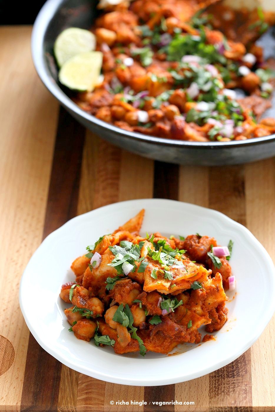 Vegan Chilaquiles with spiced Chickpeas. Spiced Chickpeas and crisped tortilla with easy red sauce. Easy Chilaquiles Recipe. Nut-free, soy-free. can be gluten-free.| VeganRicha.com