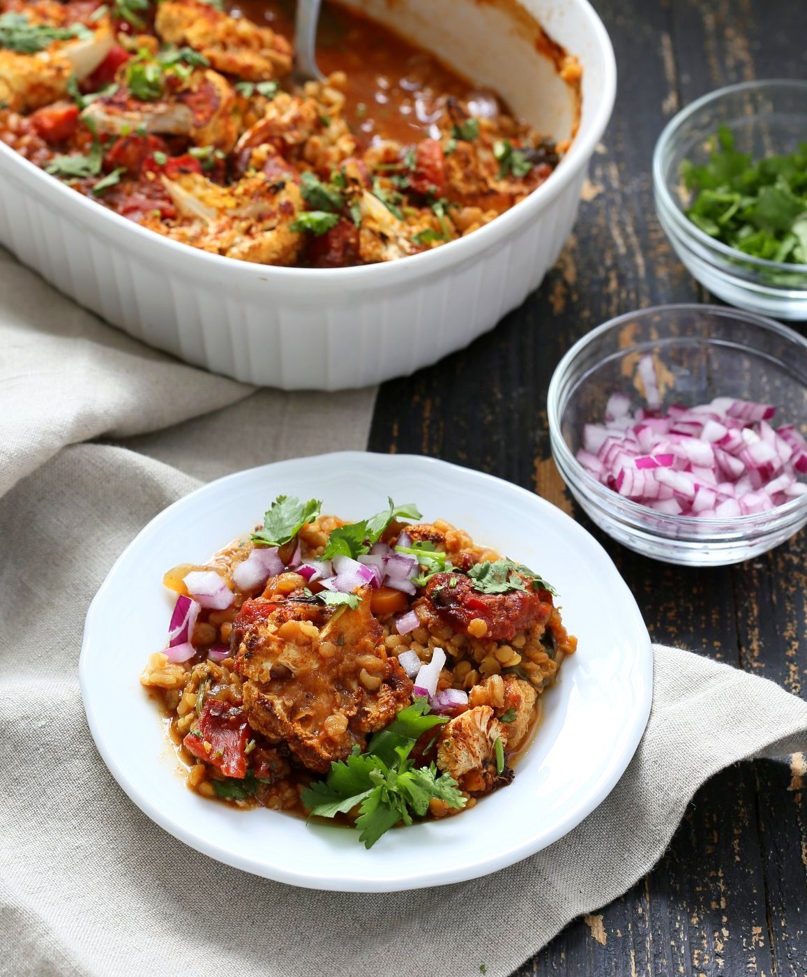 BBQ Lentil Farro Cauliflower Casserole. BBQ Casserole with Red Lentils, Farro, Veggies, Spinach, Cauliflower all layered and baked. Amazing Flavors! #Vegan #Glutenfree #Nutfree #Recipe. Can be soyfree #veganricha | VeganRicha.com