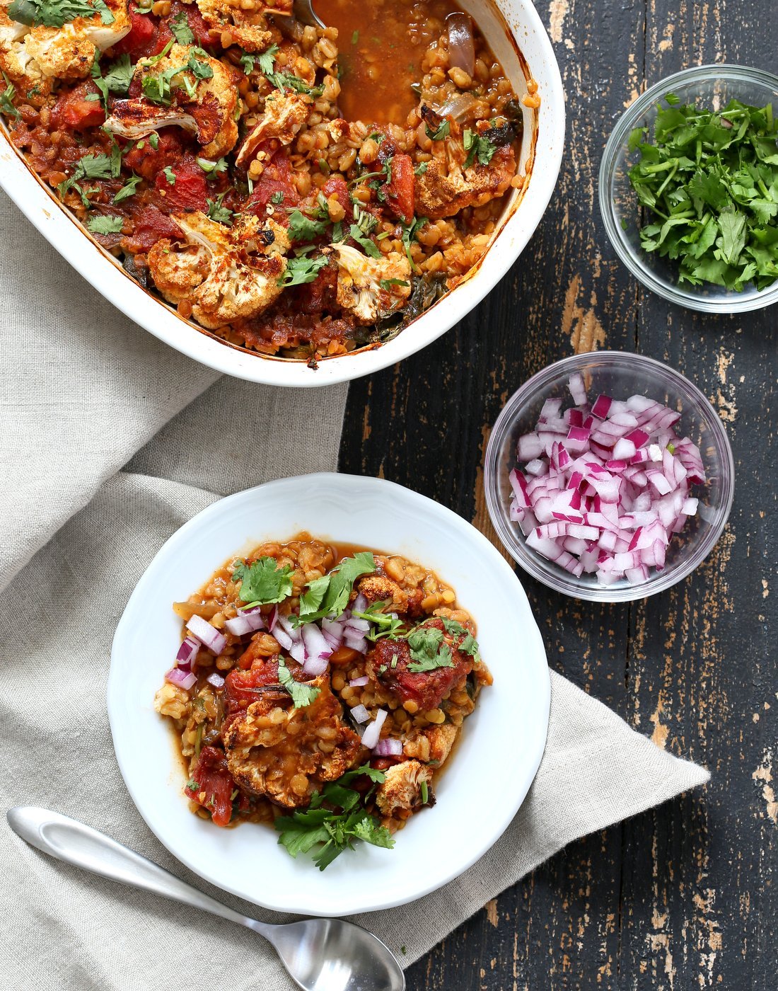BBQ Lentil Farro Cauliflower Casserole. BBQ Casserole with Red Lentils, Farro, Veggies, Spinach, Cauliflower all layered and baked. Amazing Flavors! #Vegan #Glutenfree #Nutfree #Recipe. Can be soyfree #veganricha | VeganRicha.com