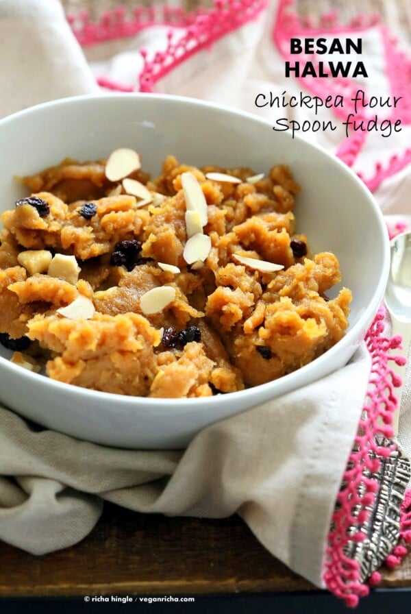 Besan Halwa is a fudgy dessert made with chickpea flour or besan. Chickpea flour Spoon fudge with cardamom and nuts. Use other grain or bean or lentil flours for variation. Vegan Gluten-free Grain-free Dessert Recipe. | VeganRicha.com #vegan #glutenfree #veganricha