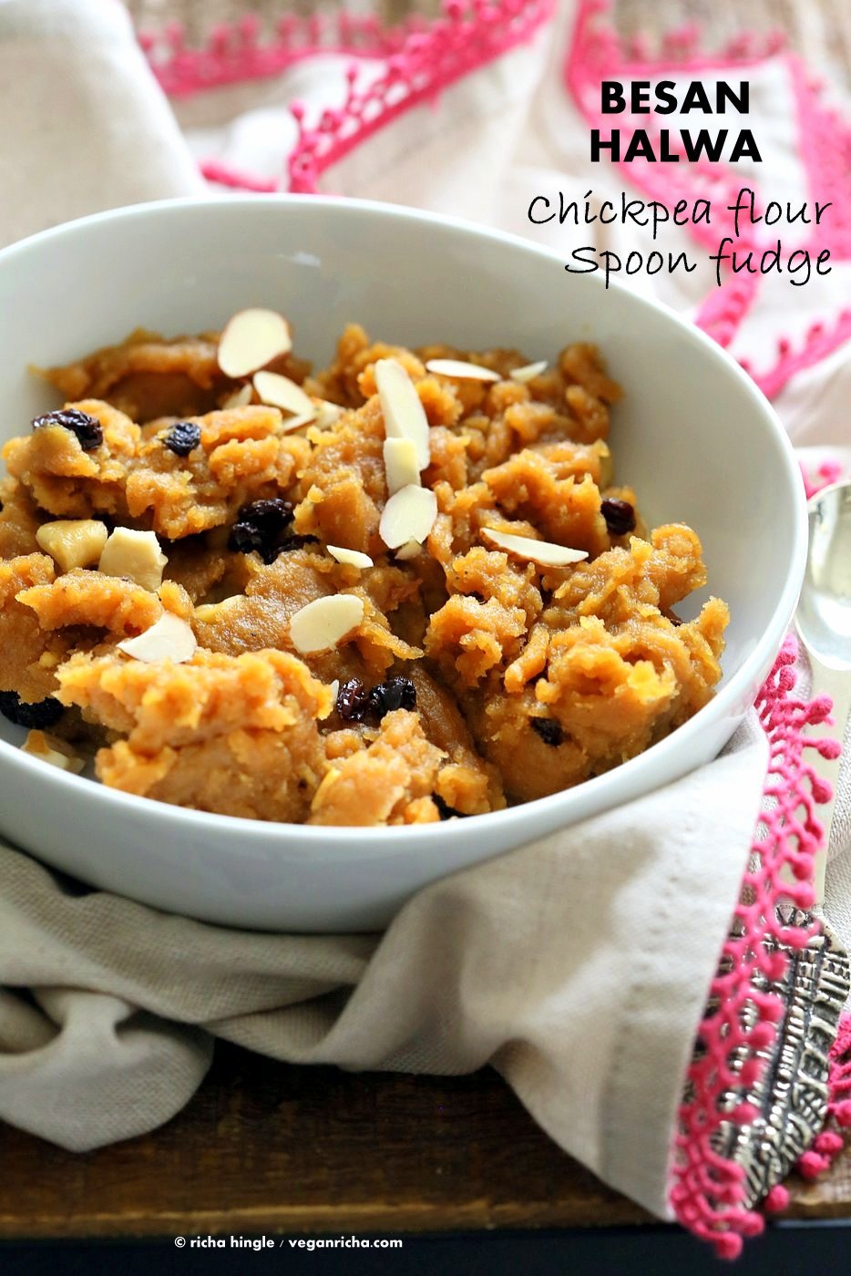 Besan Halwa is a fudgy dessert made with chickpea flour or besan. Chickpea flour Spoon fudge with cardamom and nuts. Use other grain or bean or lentil flours for variation. #Vegan #Glutenfree #Grainfree #Dessert #Recipe | VeganRicha.com