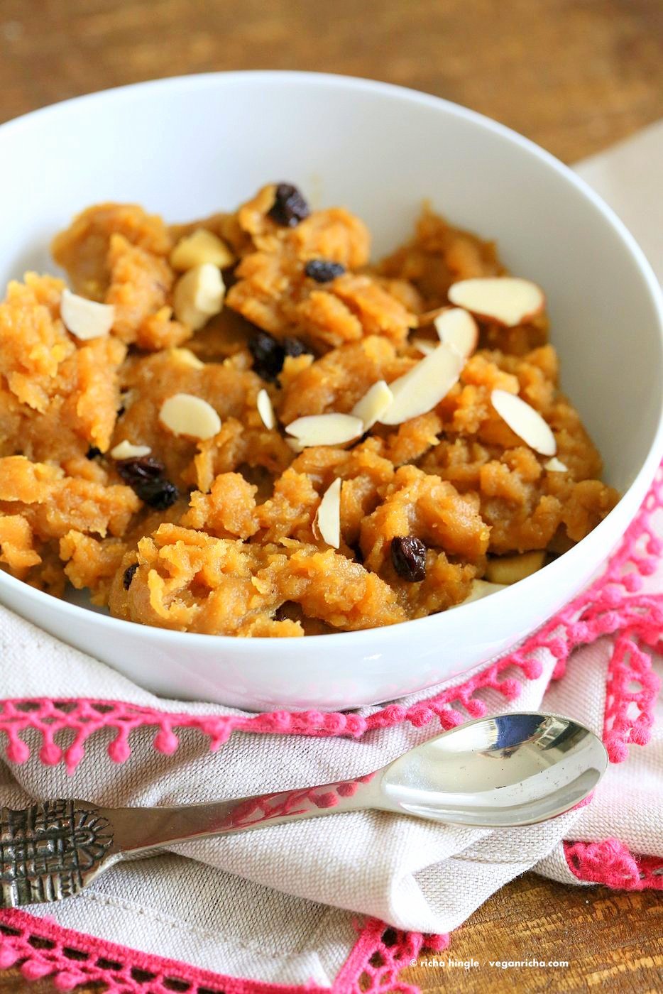 Besan Halwa is a fudgy dessert made with chickpea flour or besan. Chickpea flour Spoon fudge with cardamom and nuts. Use other grain or bean or lentil flours for variation. Vegan Gluten-free Grain-free Dessert Recipe. | VeganRicha.com