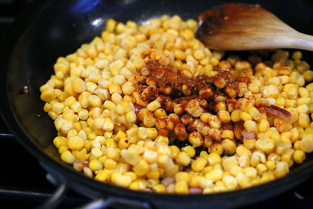 Corn Palak. Curried corn and Greens. Seasonal greens, chard and spinach with corn and spices make for a quick side, taco filling or addition to a salad. Vegan Gluten-free Soy-free Recipe. | VeganRicha.com