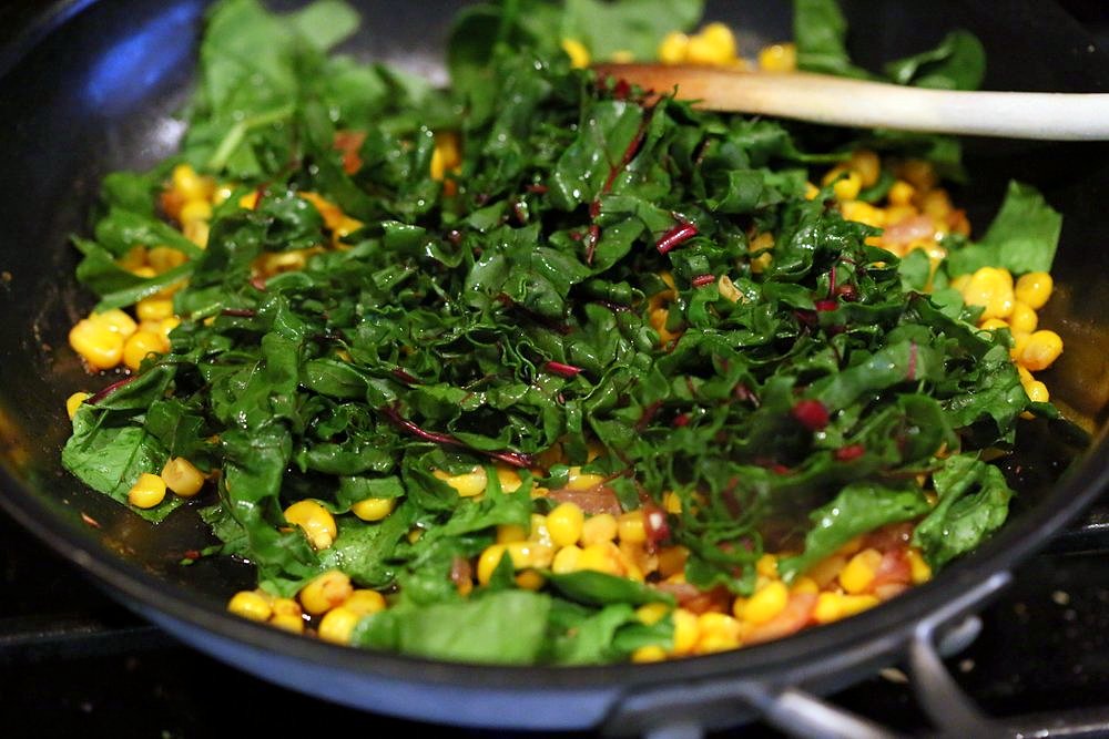 Corn Palak. Curried corn and Greens. Seasonal greens, chard and spinach with corn and spices make for a quick side, taco filling or addition to a salad. Vegan Gluten-free Soy-free Recipe. | VeganRicha.com