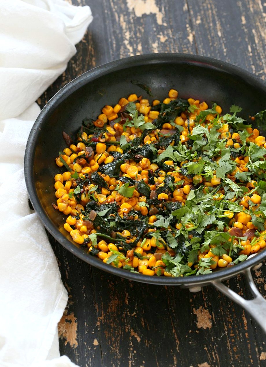 Corn Palak. Curried corn and Greens. Seasonal greens, chard and spinach with corn and spices make for a quick side, taco filling or addition to a salad. Vegan Gluten-free Soy-free Recipe. | VeganRicha.com