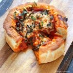 Vegan Deep Dish Pizza Recipe. Easy Deep Dish Pizza with from scratch crust, red pepper, spinach, vegan mozzarella and basil. Vegan Pizza Recipe. | VeganRicha.com