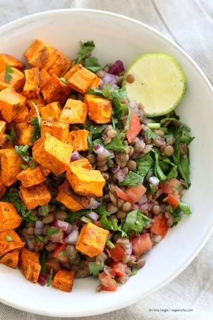 Curried Sweet Potato Lentil Salad. Simple Indian spices, roasted sweet potato, earthy lentils, lime juice and a refreshing lunch bowl. Vegan Gluten-free Soy-free Nut-free Recipe. Can be made oil-free. | VeganRicha.com