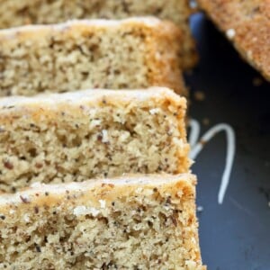 Vegan Almond Poppy Seed Cake. Gluten free Cake. Spongy Moist Cake with no Gum. Use a Sponge Cake without poppy seeds. Vegan Gluten-free Oil-free Recipe. | VeganRicha.com #glutenfree #veganricha #vegan