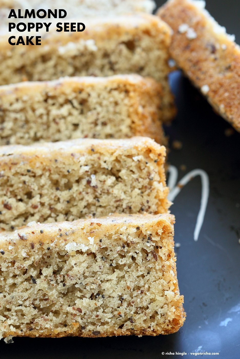 Vegan Almond Poppy Seed Cake. Gluten free Cake. Spongy Moist Cake with no Gum. Use as Sponge Cake without poppy seeds. Vegan Gluten-free Oil-free Recipe. | VeganRicha.com