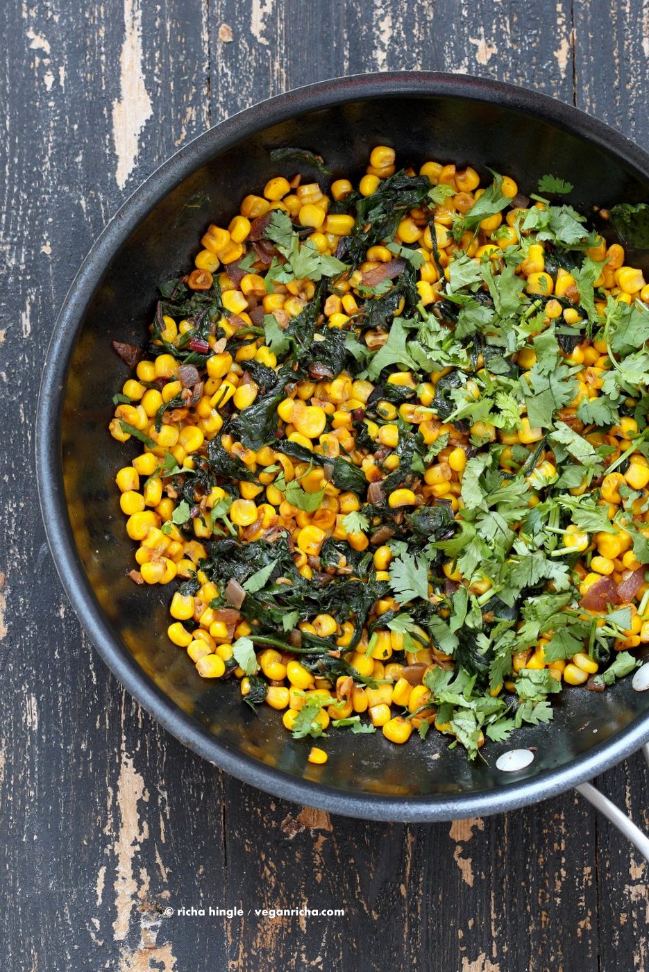 Corn Palak. Curried corn and Greens. Seasonal greens, chard and spinach with corn and spices make for a quick side, taco filling or addition to a salad. Vegan Gluten-free Soy-free Recipe. | VeganRicha.com