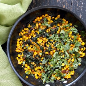 Corn Palak. Curried corn and Greens. Seasonal greens, chard and spinach with corn and spices make for a quick side, taco filling or addition to a salad. Vegan Gluten-free Soy-free Recipe. | VeganRicha.com #vegan #glutenfree #veganricha