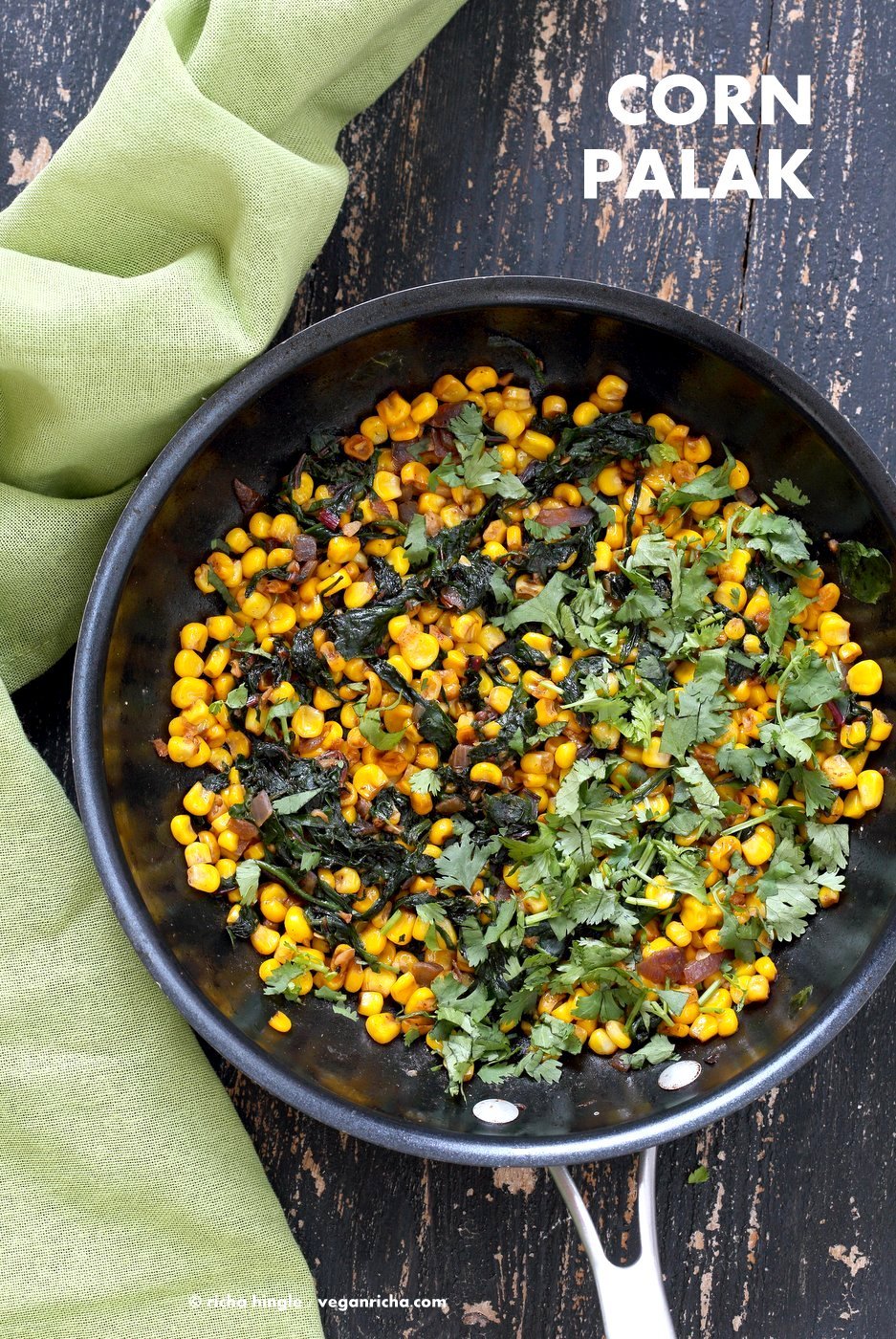 Corn Palak. Curried corn and Greens. Seasonal greens, chard and spinach with corn and spices make for a quick side, taco filling or addition to a salad. Vegan Gluten-free Soy-free Recipe. | VeganRicha.com