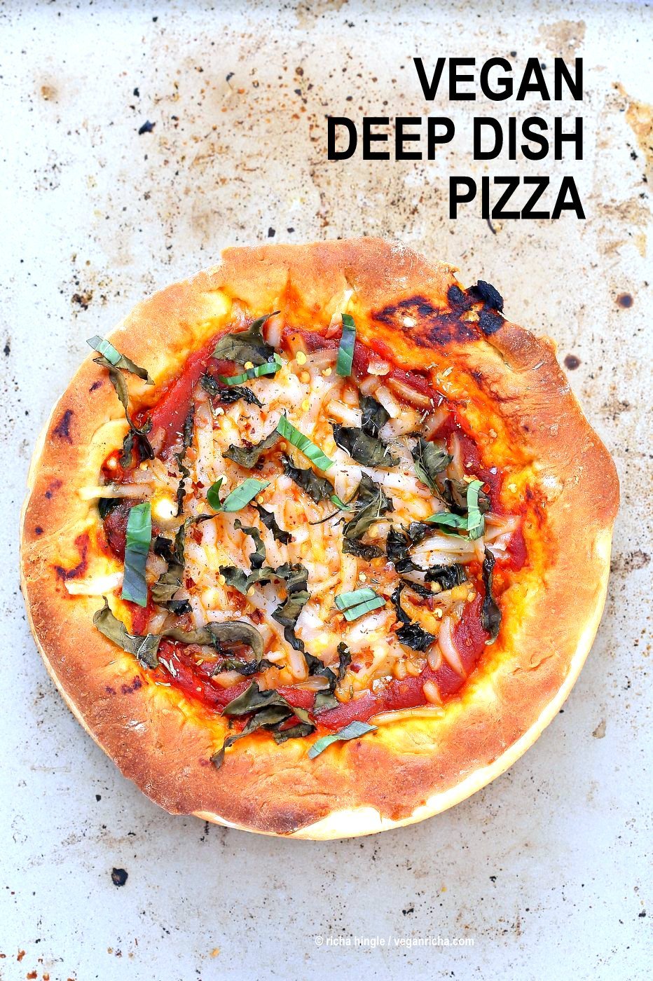 Vegan Deep Dish Pizza Recipe. Easy Deep Dish Pizza with from scratch crust, red pepper, spinach, vegan mozzarella and basil. Vegan Pizza Recipe with homemade 20 Minute Deep Dish Pizza Crust, almost no knead | VeganRicha.com