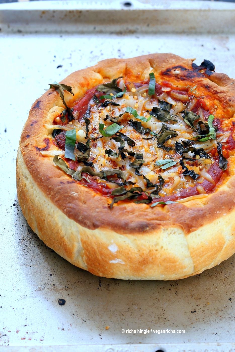 Vegan Deep Dish Pizza Recipe. Easy Deep Dish Pizza with from scratch crust, red pepper, spinach, vegan mozzarella and basil. Vegan Pizza Recipe. | VeganRicha.com