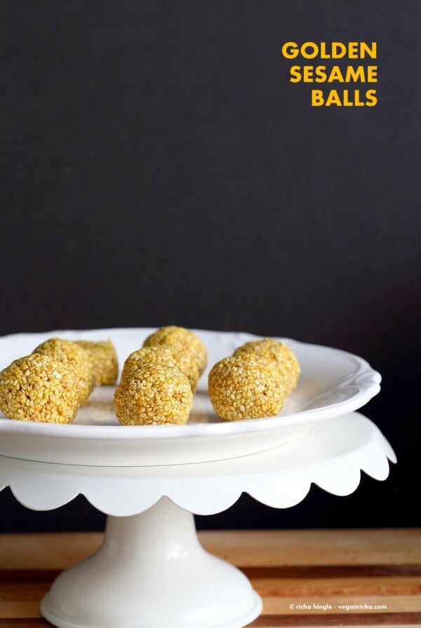 Golden Sesame Balls. Turmeric Toasted Sesame balls with Cinnamon and Cardamom. 5 Ingredient Sesame balls, or make them into bars or protein sesame bars. Vegan Gluten-free Nut-free Recipe | VeganRicha.com #vegan #glutenfree #veganricha