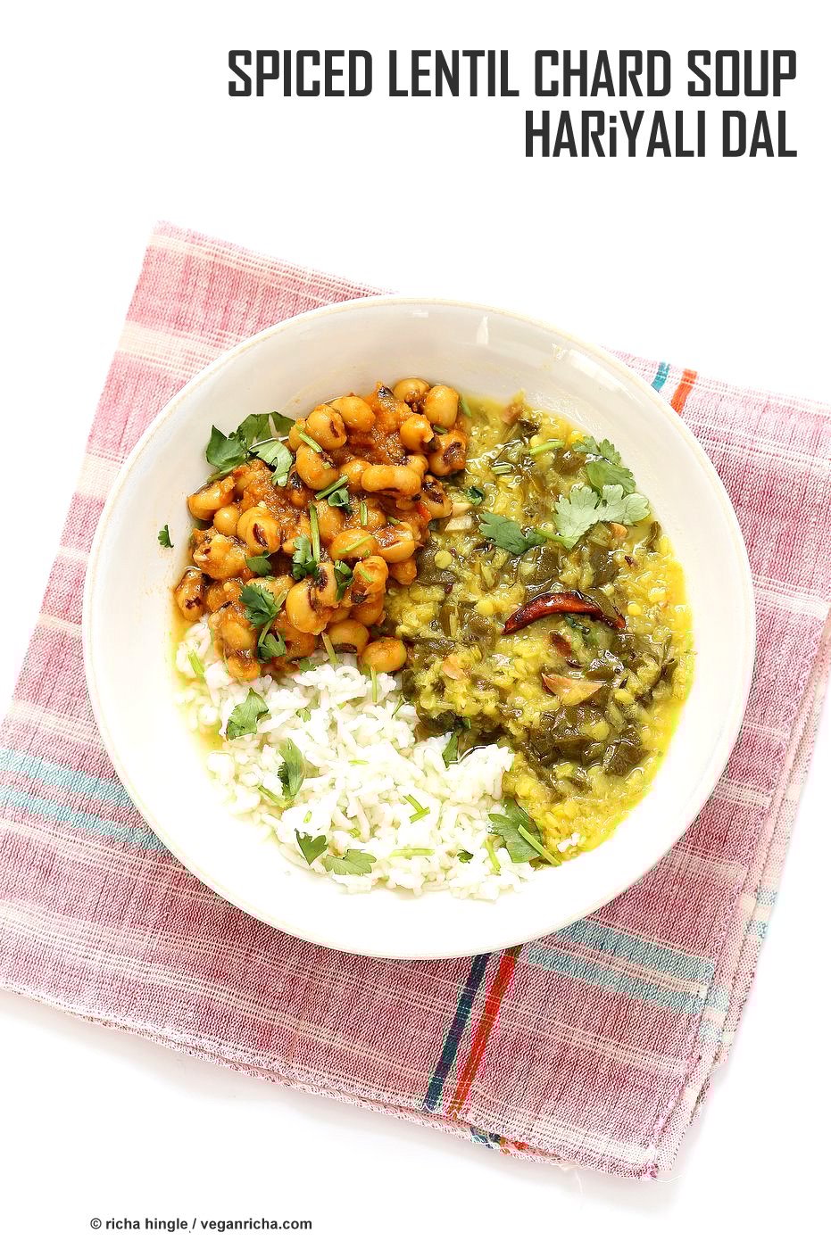 Spiced Lentil Chard Soup - Hariyali Dal. Creamy Red Lentils Cooked with Chard or other greens, tempered with whole spices. Easy weeknight Dahl. Vegan Gluten-free Soy-free Recipe | VeganRicha.com