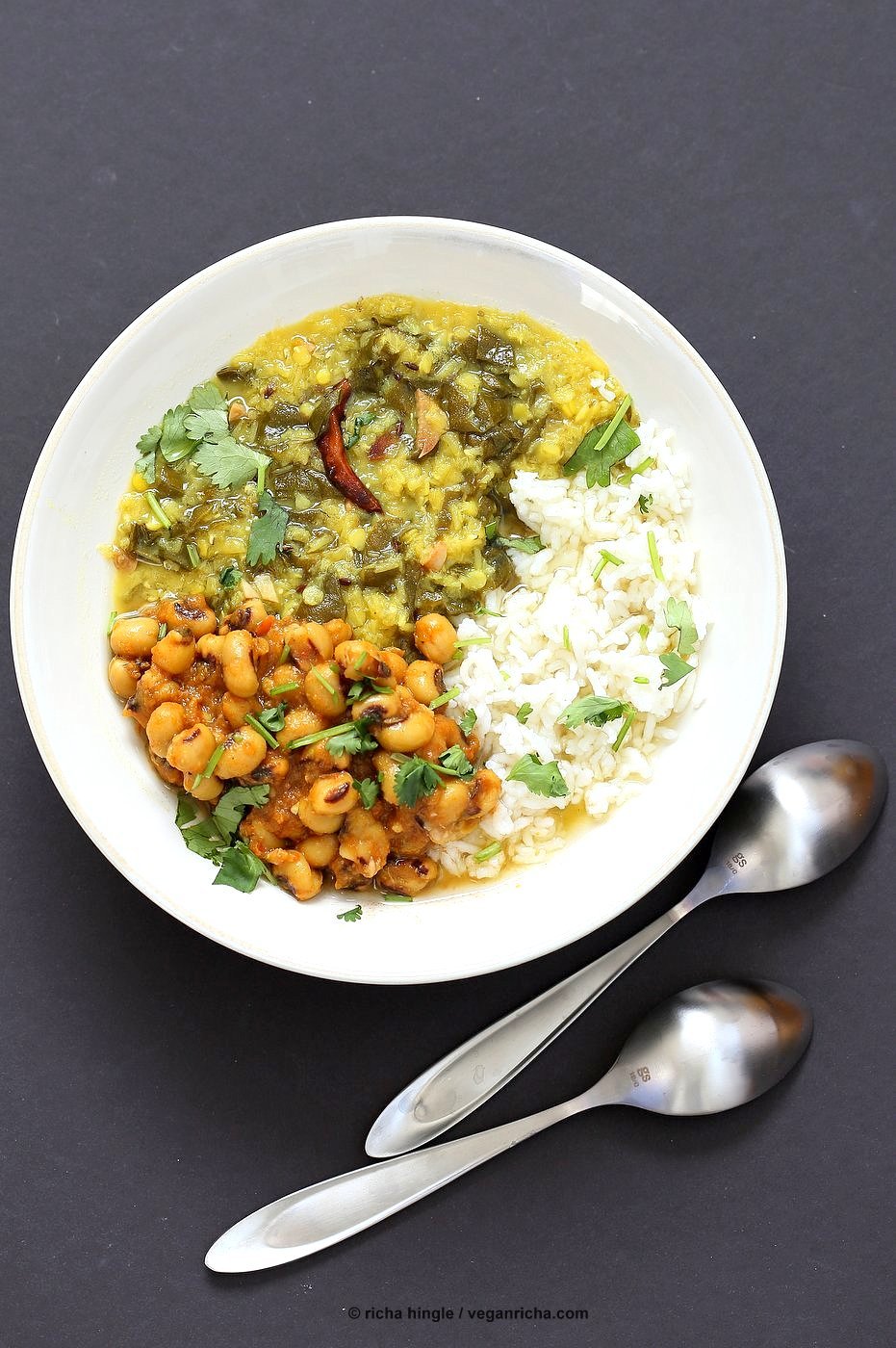 Spiced Lentil Chard Soup - Hariyali Dal. Creamy Red Lentils Cooked with Chard or other greens, tempered with whole spices. Easy weeknight Dahl. Vegan Gluten-free Soy-free Recipe | VeganRicha.com