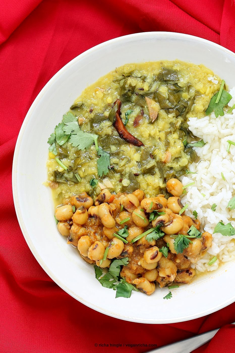 Spiced Lentil Chard Soup - Hariyali Dal. Creamy Red Lentils Cooked with Chard or other greens, tempered with whole spices. Easy weeknight Dahl. Vegan Gluten-free Soy-free Recipe | VeganRicha.com