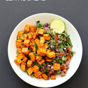 Curried Sweet Potato Lentil Salad. Simple Indian spices, roasted sweet potato, earthy lentils, lime juice and a refreshing lunch bowl. Vegan Gluten-free Soy-free Nut-free Recipe. Can be made oil-free. | VeganRicha.com #vegan #glutenfree #veganricha