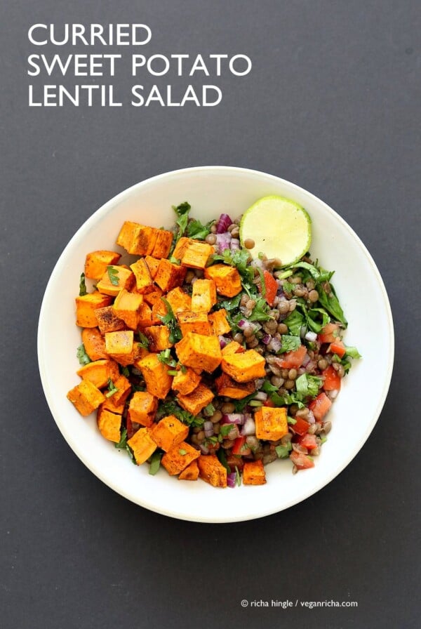 Curried Sweet Potato Lentil Salad. Simple Indian spices, roasted sweet potato, earthy lentils, lime juice and a refreshing lunch bowl. Vegan Gluten-free Soy-free Nut-free Recipe. Can be made oil-free. | VeganRicha.com #vegan #glutenfree #veganricha