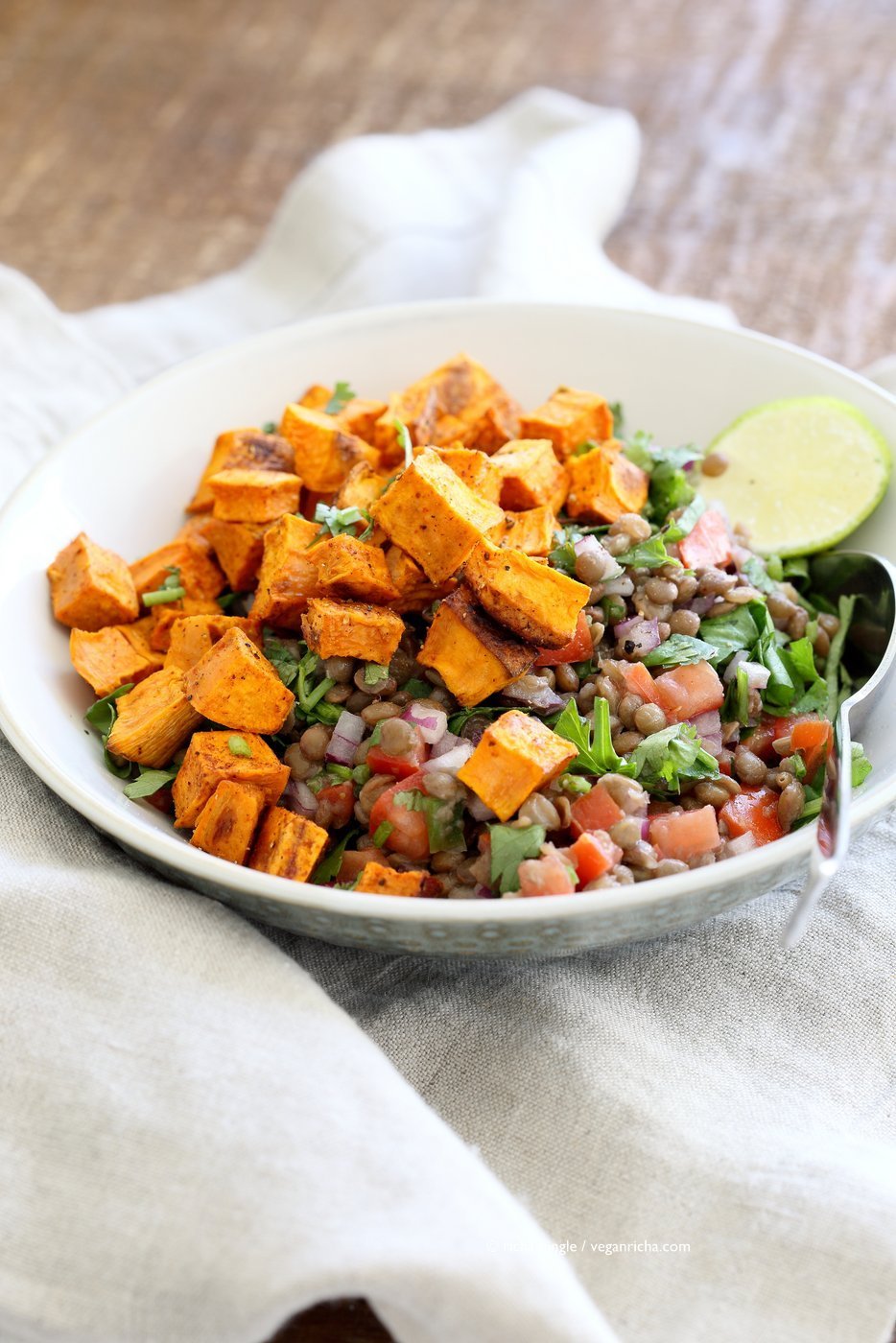Curried Sweet Potato Lentil Salad. Simple Indian spices, roasted sweet potato, earthy lentils, lime juice and a refreshing lunch bowl. Vegan Gluten-free Soy-free Nut-free Recipe. Can be made oil-free. | VeganRicha.com